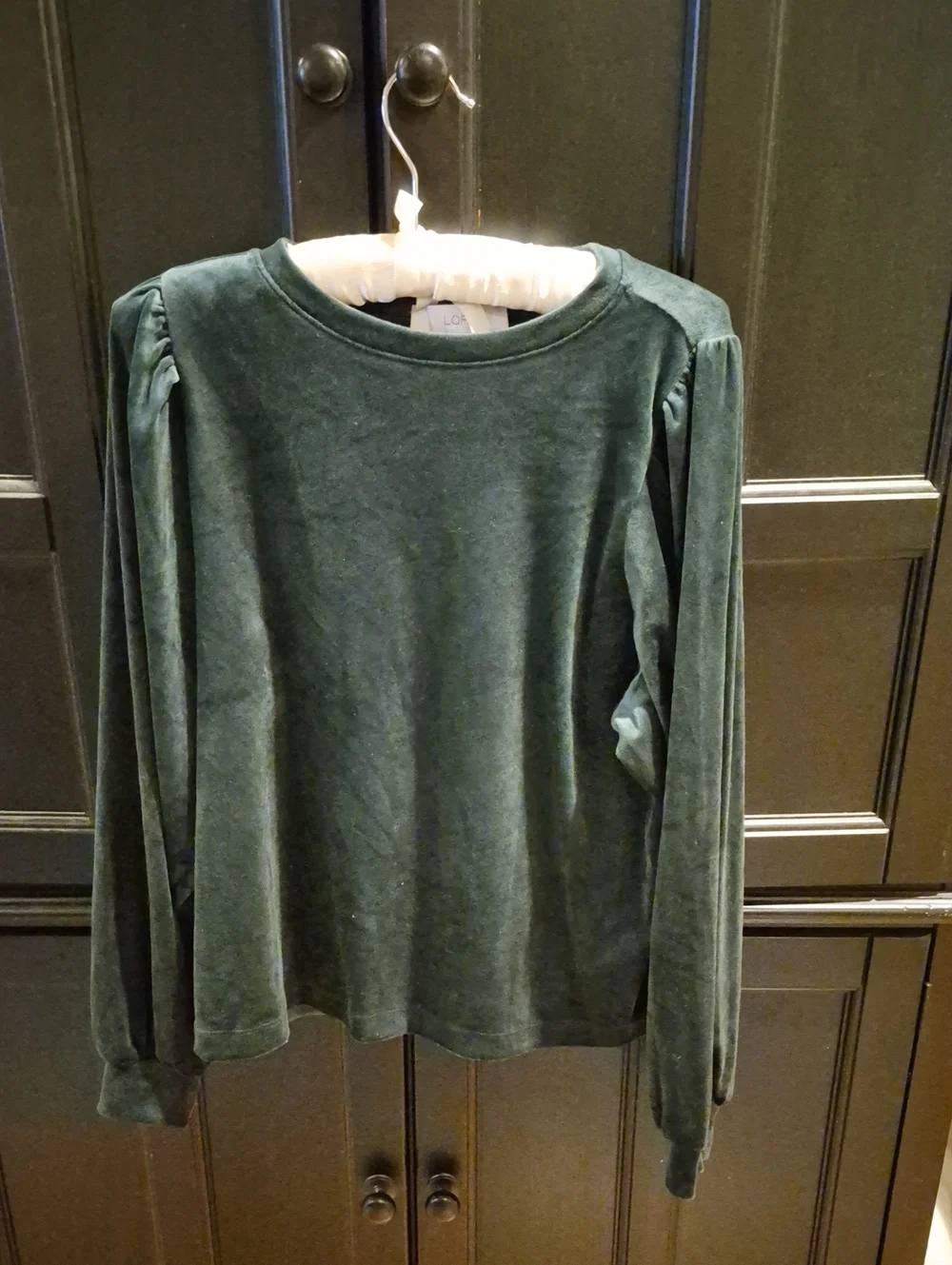 LOFT Forest Green Velvet Long-Sleeve Top with Puff Shoulders